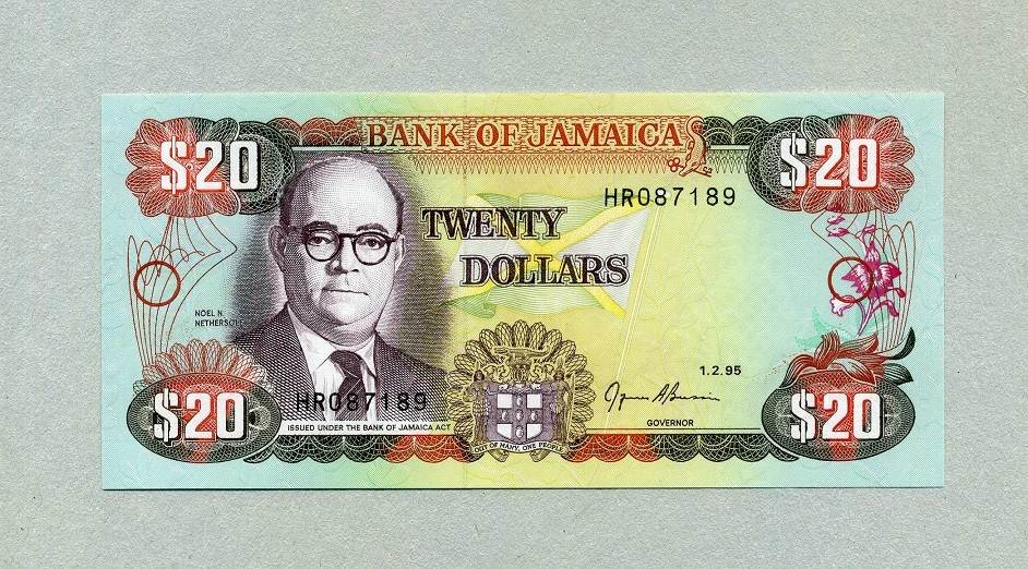 Jamaica 20 Dollars 01 2 1995 P 72e Unc GEM UNC MA Shops