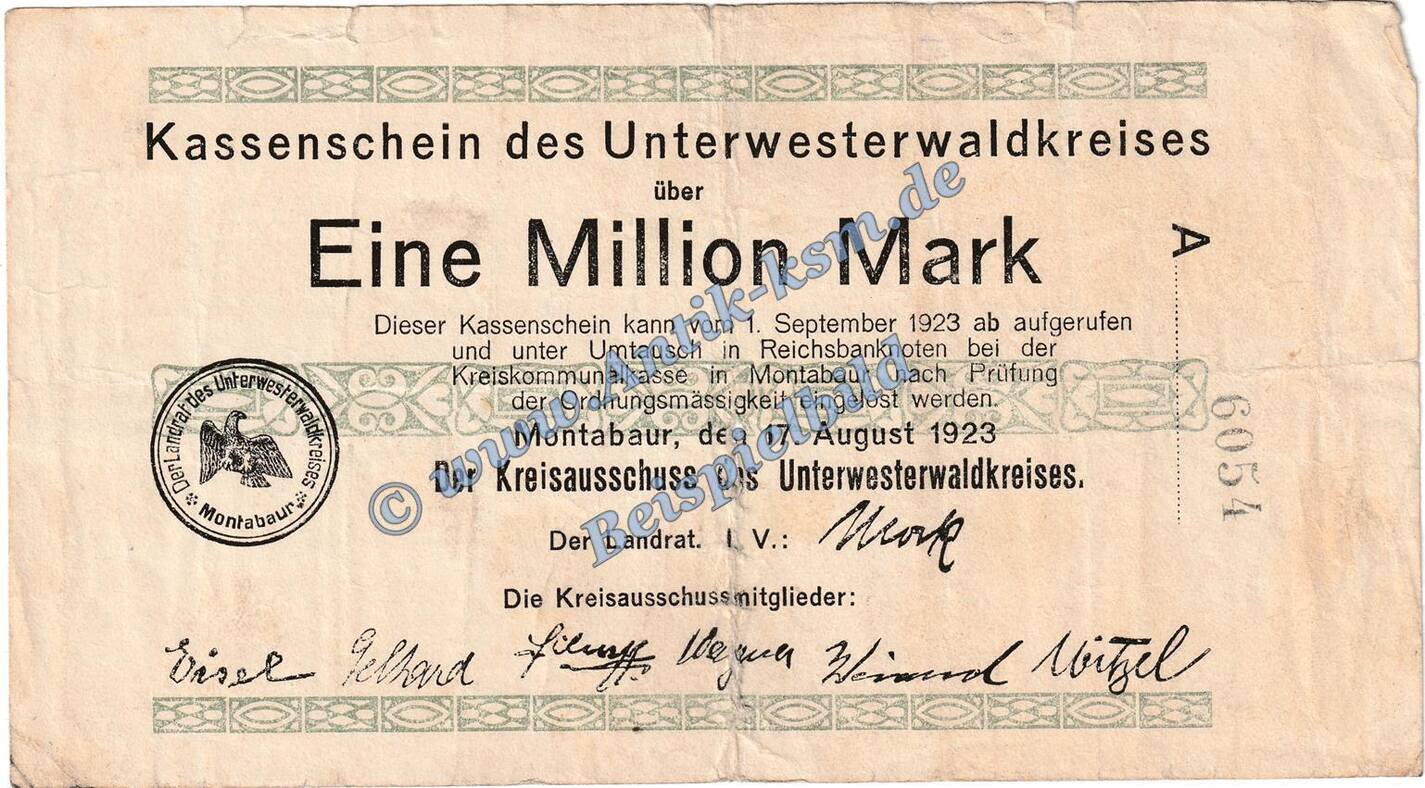 Großnotgeld Inflation De 1 Mio Mk Montabaur Banknote 1 Million Mark