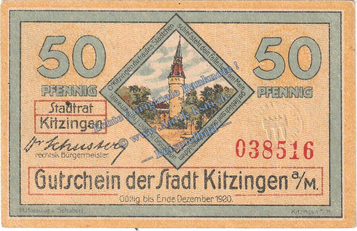 Notgeld De 50 Pf 1920 Kitzingen Notgeld 50 Pfennig Büttenpapier in