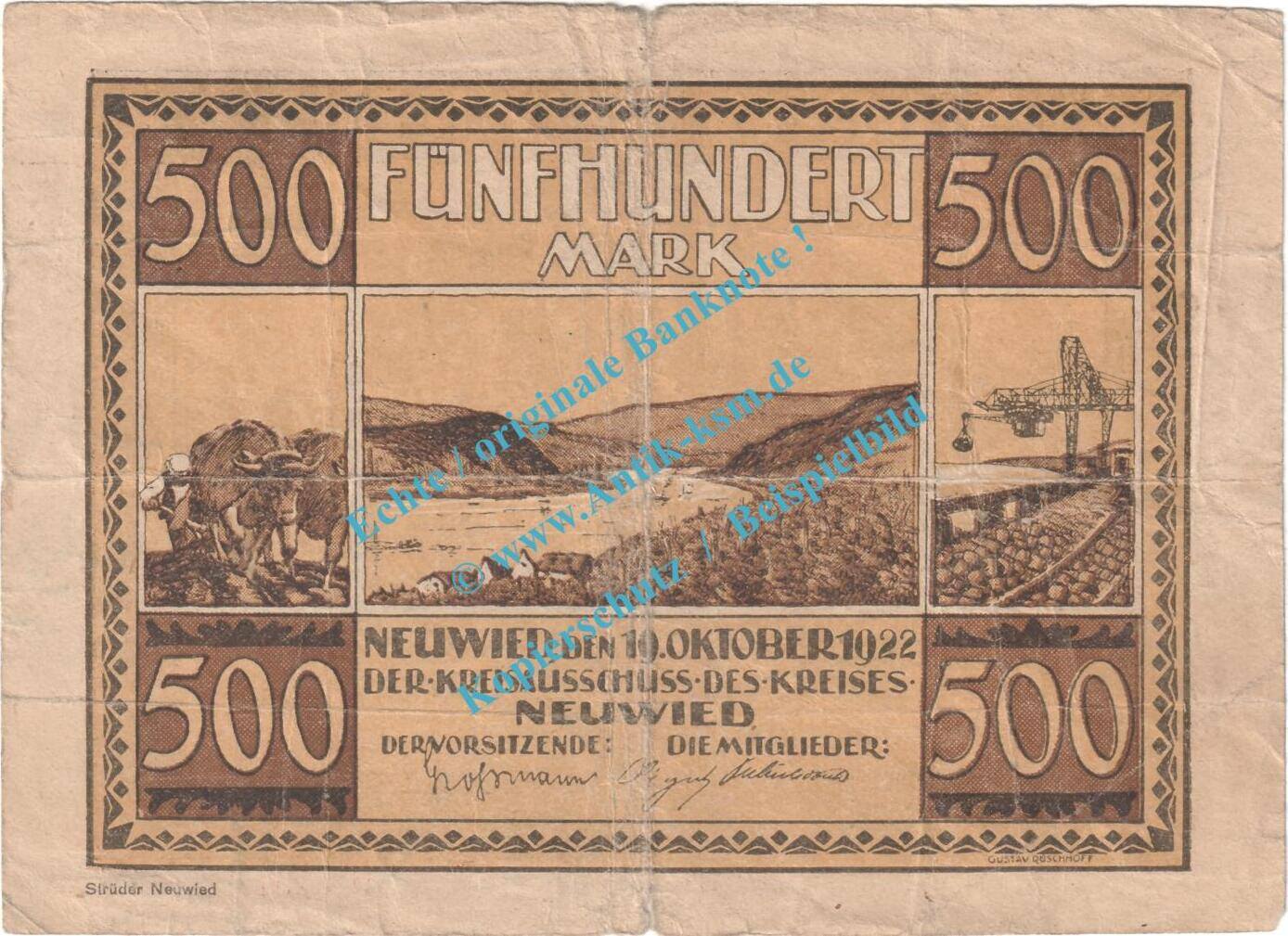 Großnotgeld 1922 500 Mk Neuwied Notgeld 500 Mark Schein in S gbr