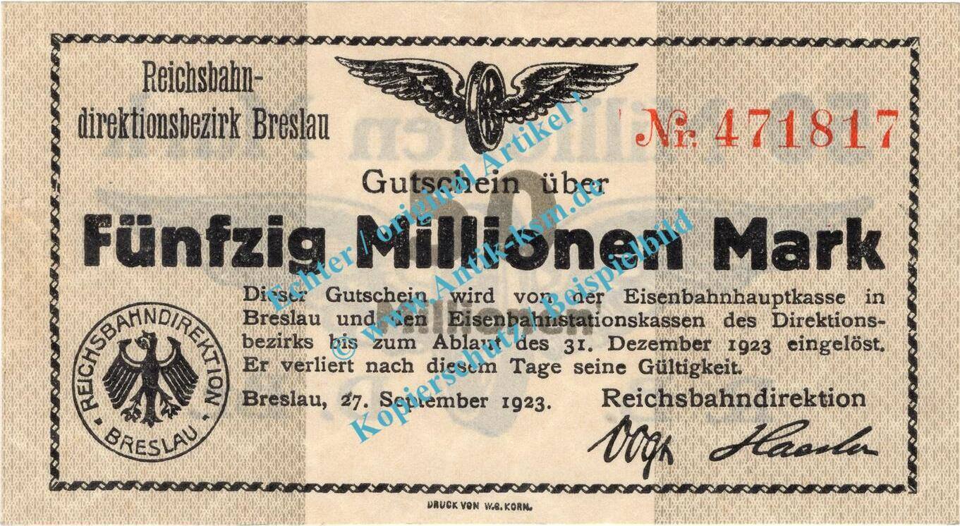 Inflation DE 50 Mio Mk Breslau Notgeld 50 Millionen Mark Schein In