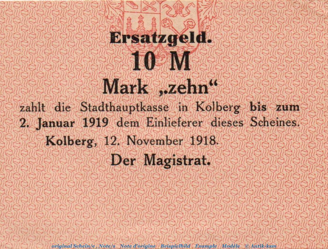 Großnotgeld Deutschland Banknote der Stadt Kolberg 10 Mark Schein in