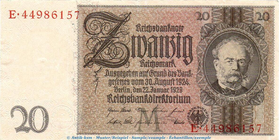 Weimarer Republik Reichsbank 20 Mark Schein M B Bis G 1929