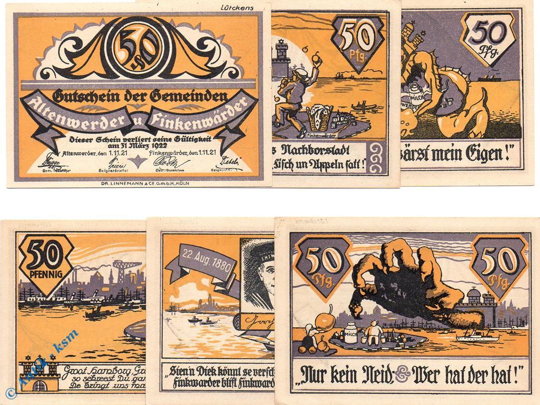 Notgeld De 6 Scheine Kpl 1921 Altenwerder Und Finkenwerder Notgeld