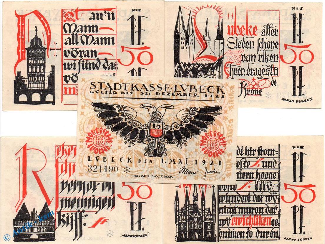 Notgeld DE 5 Scheine kpl 1921 Notgeld Lübeck mit nordische Woche Set