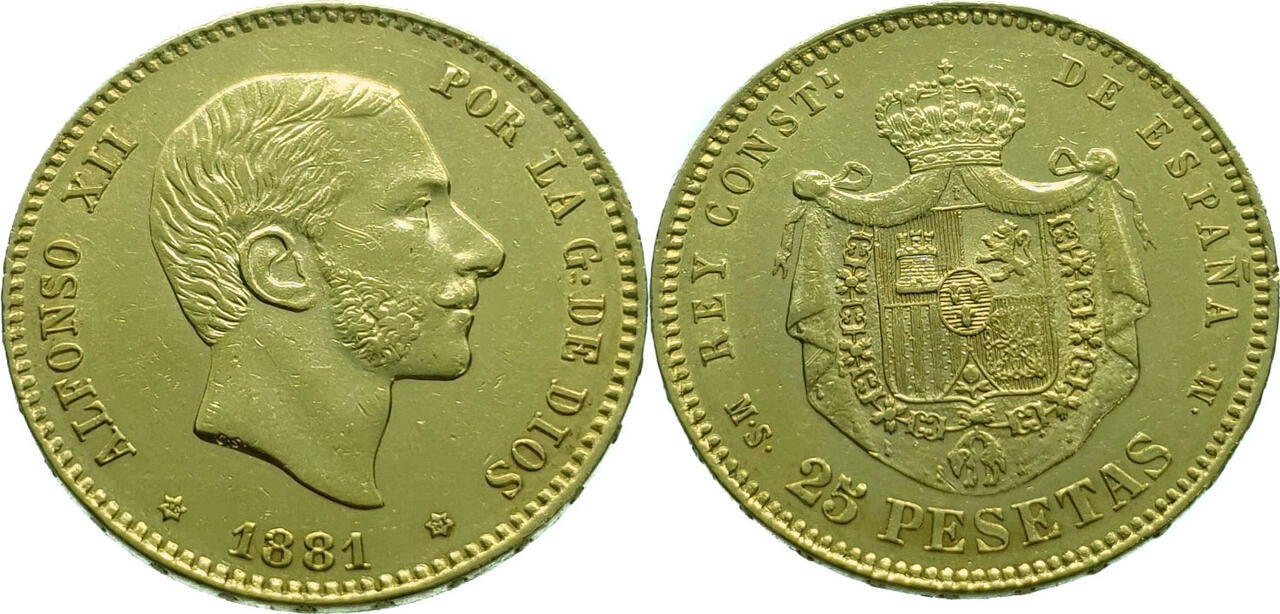 Spain 25 Peseta 1881 Alfonso XII Gold Extremely Fine MA Shops