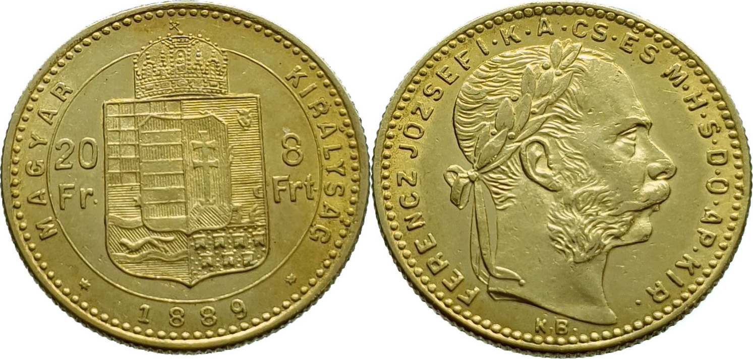 Hungary 20 Francs 8 Forint 1889 Franz Joseph I Gold Extremely Fine