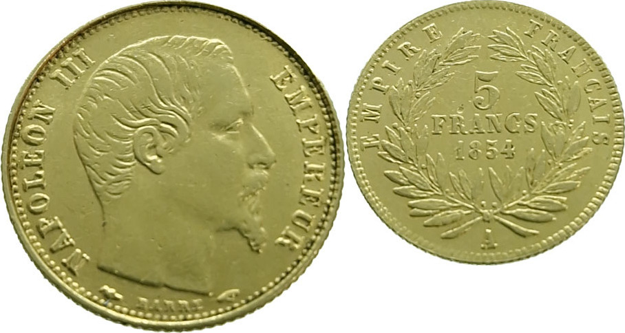 France 5 Francs 1854 A Napoleon III Small Version Gold Extremely