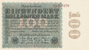 Deutsches Reich, 100 Mio.Mark Ro.106j Firmendruck, Wz.Kreuzblüten, KN 6 stellig braun, FZ:braun M, mit Fasern,