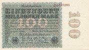 Deutsches Reich, 100 Mio.Mark Ro.106j Firmendruck, Wz.Kreuzblüten, KN 6 stellig braun, FZ:braun M, mit Fasern,