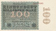 Deutsches Reich, 100 Mio.Mark Ro.106j Firmendruck, Wz.Kreuzblüten, KN 6 stellig braun, FZ:braun M, mit Fasern,