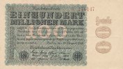 Deutsches Reich, 100 Mio.Mark Ro.106j Firmendruck, Wz.Kreuzblüten, KN 6 stellig braun, FZ:braun V, mit Fasern,