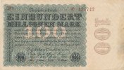 Deutsches Reich, 100 Mio.Mark Ro.106j Firmendruck, Wz.Kreuzblüten, KN 6 stellig braun, FZ:braun V, mit Fasern,