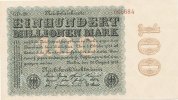 Deutsches Reich, 100 Mio.Mark Ro.106l Firmendruck, Wz.Hakensterne, KN 6 stellig braun bis rot, FZ:schwarz GD,
