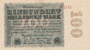 Deutsches Reich, 100 Mio.Mark Ro.106l Firmendruck, Wz.Hakensterne, KN 6 stellig braun bis rot, FZ:schwarz GU,
