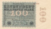 Deutsches Reich, 100 Mio.Mark Ro.106l Firmendruck, Wz.Hakensterne, KN 6 stellig braun bis rot, FZ:schwarz HR,