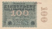 Deutsches Reich, 100 Mio.Mark Ro.106l Firmendruck, Wz.Hakensterne, KN 6 stellig braun bis rot, FZ:schwarz LE,