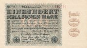 Deutsches Reich, 100 Mio.Mark Ro.106l Firmendruck, Wz.Hakensterne, KN 6 stellig braun bis rot, FZ:schwarz MB,