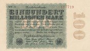 Deutsches Reich, 100 Mio.Mark Ro.106l Firmendruck, Wz.Hakensterne, KN 6 stellig braun bis rot, FZ:schwarz MM,