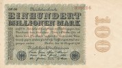 Deutsches Reich, 100 Mio.Mark Ro.106l Firmendruck, Wz.Hakensterne, KN 6 stellig braun bis rot, FZ:schwarz OF,