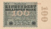 Deutsches Reich, 100 Mio.Mark Ro.106l Firmendruck, Wz.Hakensterne, KN 6 stellig braun bis rot, FZ:schwarz PG,
