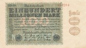 Deutsches Reich, 100 Mio.Mark Ro.106l Firmendruck, Wz.Hakensterne, KN 6 stellig braun bis rot, FZ:schwarz SD,