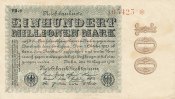 Deutsches Reich, 100 Mio.Mark Ro.106l Firmendruck, Wz.Hakensterne, KN 6 stellig braun bis rot, FZ:schwarz VB,
