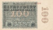 Deutsches Reich, 100 Mio.Mark Ro.106l Firmendruck, Wz.Hakensterne, KN 6 stellig braun bis rot, FZ:schwarz VD,