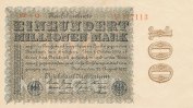 Deutsches Reich, 100 Mio.Mark Ro.106p Firmendruck, Wz.Hakensterne, KN 6 stellig braunrot, FZ:rot YZ,
