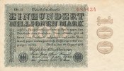 Deutsches Reich, 100 Mio.Mark Ro.106q Wz.Ringe, Firmendruck, KN 6 stellig rot bis braun, FZ schwarz BK,