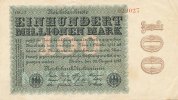 Deutsches Reich, 100 Mio.Mark Ro.106q Wz.Ringe, Firmendruck, KN 6 stellig rot bis braun, FZ schwarz CD,