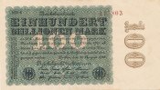 Deutsches Reich, 100 Mio.Mark Ro.106q Wz.Ringe, Firmendruck, KN 6 stellig rot bis braun, FZ schwarz NN,