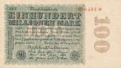 Deutsches Reich, 100 Mio.Mark Ro.106u Wz.Sterne, Firmendruck, KN 6 stellig braun bis schwarz , FZ schwarz AR,