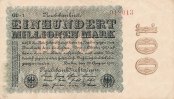 Deutsches Reich, 100 Mio.Mark Ro.106u Wz.Sterne, Firmendruck, KN 6 stellig braun bis schwarz , FZ schwarz GU,