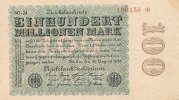 Deutsches Reich, 100 Mio.Mark Ro.106u Wz.Sterne, Firmendruck, KN 6 stellig braun bis schwarz , FZ schwarz SO,