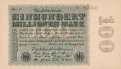 Deutsches Reich, 100 Mio.Mark Ro.106v Wz.Rauten stehend, Firmendruck, KN 6 stellig braun, FZ schwarz MM,