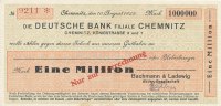Deutsches Reich, Sachsen, 1 Mio. Mark Chemnitz, Bachmann & Ladewig AG.