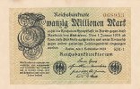 Deutsches Reich, 20 Mio.Mark Ro.107e, Wz.Hakensterne, KN 6 stellig, FZ:KH,