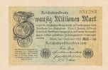 Deutsches Reich, 20 Mio.Mark Ro.107e, Wz.Hakensterne, KN 6 stellig, FZ:MB,