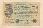 Deutsches Reich, 20 Mio.Mark Ro.107e, Wz.Hakensterne, KN 6 stellig, FZ:NF,