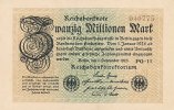 Deutsches Reich, 20 Mio.Mark Ro.107e, Wz.Hakensterne, KN 6 stellig, FZ:PG,