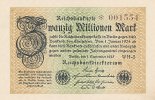 Deutsches Reich, 20 Mio.Mark Ro.107g, Wz.Gitter, KN 6 stellig, FZ:WH,