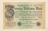 Deutsches Reich, 20 Mio.Mark Ro.107g, Wz.Gitter, KN 6 stellig, FZ:WH,