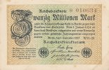 Deutsches Reich, 20 Mio.Mark Ro.107g, Wz.Gitter, KN 6 stellig, FZ:WH,