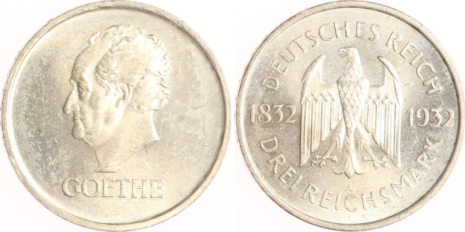 Weimarer Republik 3 Reichsmark 1932 A Goethe CH UNC MA Shops