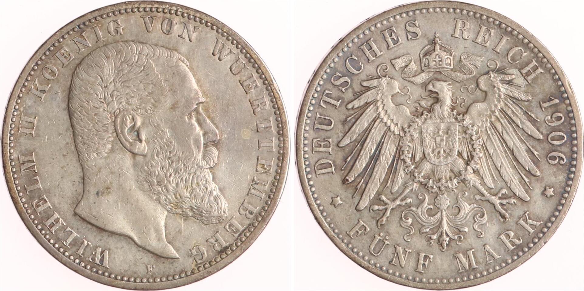 Württemberg 5 Mark 1906 F Wilhelm II 1891 1918 VF MA Shops