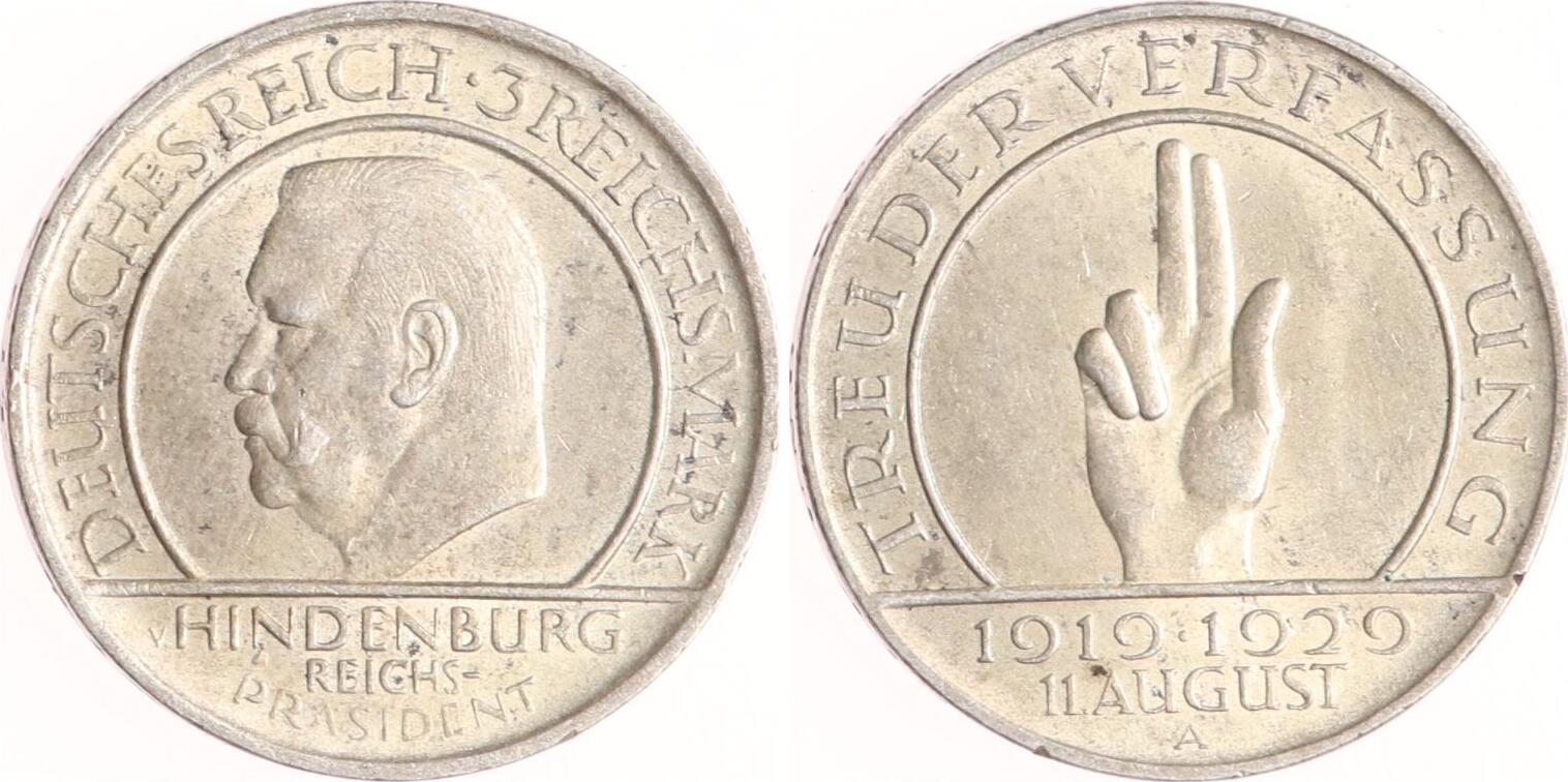 Weimarer Republik 3 Reichsmark 1929 A Verfassung VF EF MA Shops