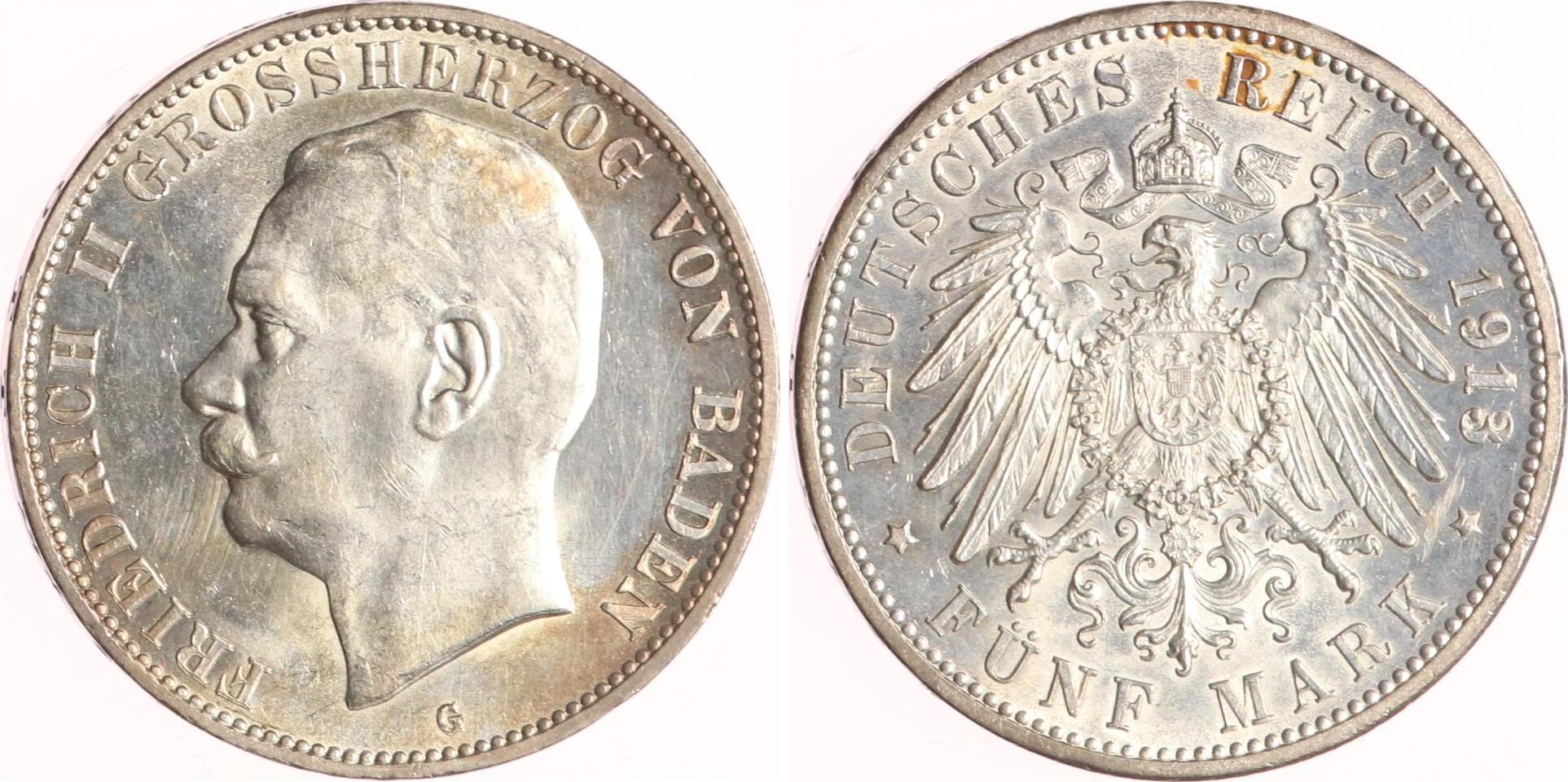 Baden 5 Mark 1913 G Friedrich II 1907 1918 UNC MA Shops