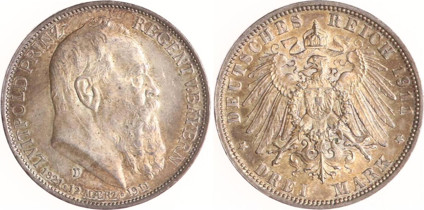 Bayern 3 Mark 1911 D Luitpold Prinzregent EF MA Shops