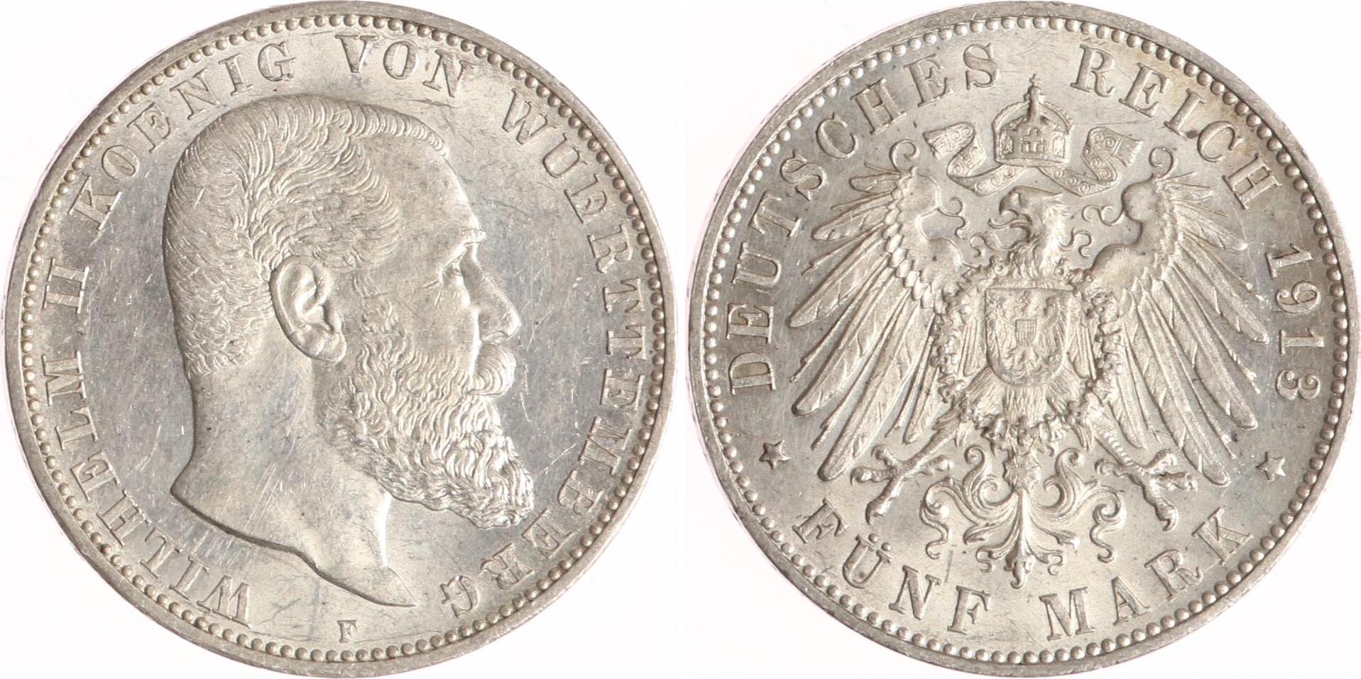 Württemberg 5 Mark 1913 F Wilhelm II 1891 1918 EF MA Shops